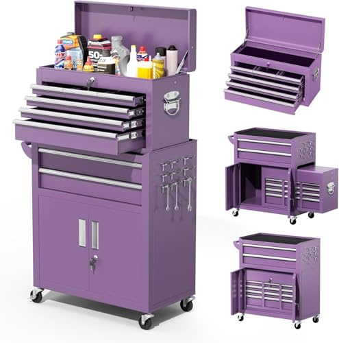 Greenvelly 8-Drawer Rolling Tool Chest, Metal Tool Chest with Wheels, Rolling Tool Box with Detachable Top Tool Box, Metal Tool Cart with Liner & Hooks for Garage, Workshop, Warehouse, Purple