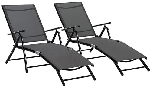 Outsunny Lot de 2 Bain de Soleil, Chaise Longue Pliante avec Dossier réglable 7 Positions en Maille, Cadre en Aluminium, transat Jardin extérieur pour Camping Piscine terrasse, 64 x 134 x 95 cm, Noir