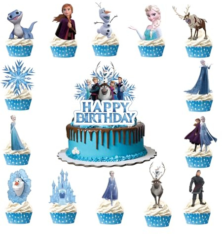 15pcs Cake Decorations with 14pcs Cupcake Toppers, 1pcs Cake Topper for Fro_zen/Tenn Girl Boy Birthday Party Supplies