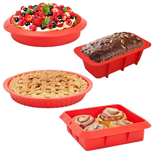 Mlying Silikon Backform Set, Kastenform, Obstbodenform, Rundform, Quadratische, 4 Stück Backformen Silikon Kuchenform Hitzebeständig Backform für Kuchen, Brot, Quiche
