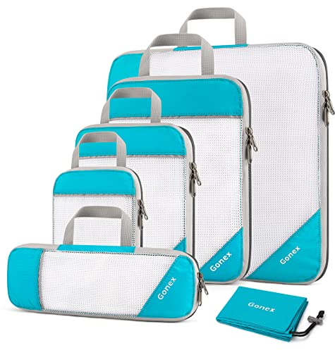 Gonex Compression Packing Cubes, 6 PCS Travel Luggage Packing Organizers with Mesh Extensible Suitcase Organiser for Travel, Blue