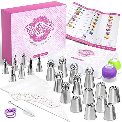 MoNiRo 91-Teiliges Russische Spritztüllen Set - Profi Edelstahl Tüllen Set mit Silikon Spritzbeutel und Back-Zubehör - Geschenke Set für Torten & Cupcake Blumen Deko - Back-Set zum verzieren