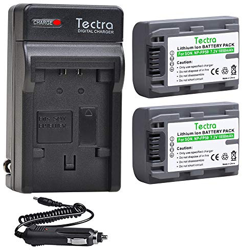Tectra 2Pcs NP-FP50 NPFP50 Battery + Wall Charger for Sony NP-FP30, NP-FP60, NP-FP70, NP-FP90, NP-FP51 Series DCR-HC21 DCR-HC23 DCR-HC30 DVD103 DVD105 DVD202E DVD203 Handycam Camcorders