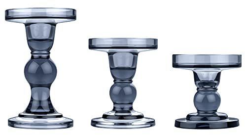 Lewondr Glass Candle Holders, 3 Pieces Crystal Clear Candlesticks with Elegant Design for Pillar Taper Candle and Tea Light, Home Table Living Room Wedding Party Decorations Home Décor - Smoky Blue