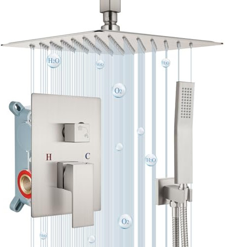 Airuida - Rubinetto da doccia quadrato in nichel spazzolato, con valvola ruvida per bagno, montaggio a soffitto, SUS304, ultra sottile, soffione a pioggia, in ottone