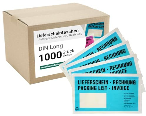dm-folien Lieferscheintaschen DIN LANG I 1000 Stück I Selbstklebende Versandtaschen mit Aufdruck I Türkis-transparentes Paketzubehör für Lieferscheine & Rechnungen I Versandzubehör aus PP