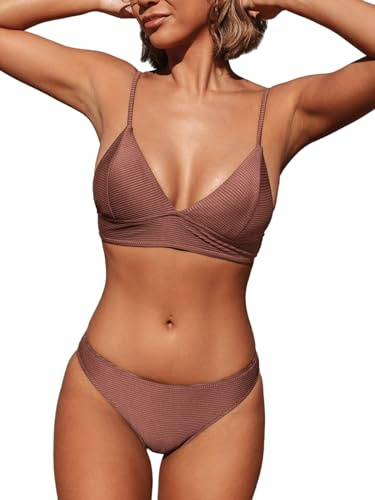 CUPSHE Damen Bikini Set Triangel Bikini Bademode Low Rise Brazilian Gerippter Zweiteiliger Badeanzug Swimsuit Ziegelrot XL
