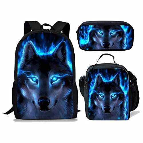 NETILGEN Rucksack Blau Cool Wolf Print 3 In 1 Student Bookbag Schultaschen Set, Einzigartiger Tier Wolf Kinder Rucksack, Kinder Lunch Tote Box Tasche Federmäppchen