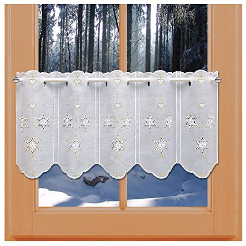 kollektion MT Scheibengardine Sterne mit Herzen in Weiß-Gold Scheibenhänger aus Vogtländischer Spitze mit Lochstickerei 30 x 80 cm