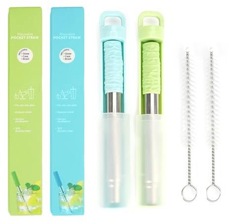 2 Pezzi Cannucce Acciaio Pieghevole Riutilizzabile, Metallo Portatili, Telescopiche con Spazzola per la Pulizia e Scatola, Inox, per Viaggi, L'ufficio, Casa