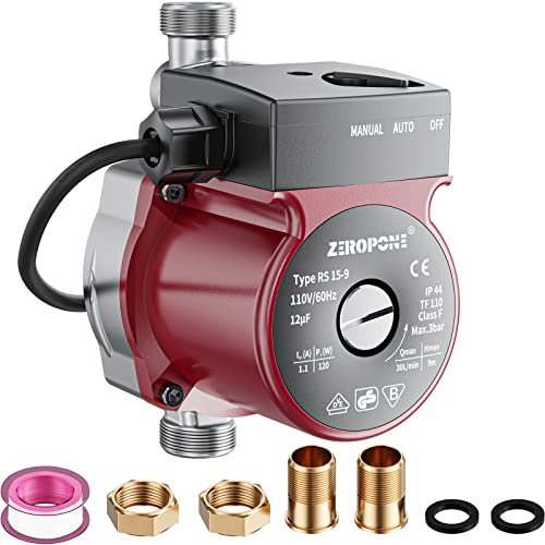 ZeroPone Hot Water Recirculating Pump, Water Circulator Pump, 120W 110V Automatic Circulating Pump Stainless Steel Head NPT 3/4 w/NPT 1/2 Adapter,15-9S Dual Control for Electric Water Heater System