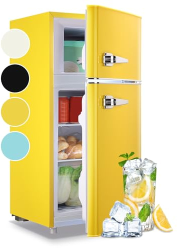 WANAI 3.5 Cu.ft Small Refrigerators Retro Mini Fridge with Freezer Yellow Full-sized Fridge Dual Door Dual Handle Classic Removable Glass Shelves Adjustable Thermostat for Home Office Dorm RV