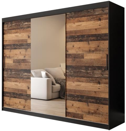 KRYSPOL Schiebetürenschrank Old Style T1 250 cm Kleiderschrank mit Spiegel Einlegeboden Schlafzimmer- Wohnzimmerschrank Schiebetüren Modern Design (Schubladen: 2)