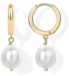 PAVOI 14K Yellow Gold Plated S925 Sterling Silver Post Lightweight Drop Dangle Huggie Hoop Earrings for Women | Dainty Pearl Earrings