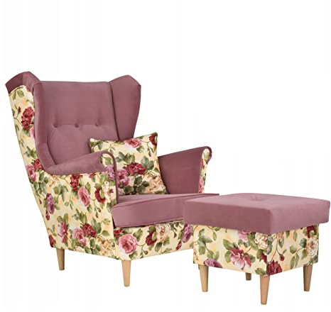 Family Meble Ohrensessel mit Hocker, Modell Print Duo, Skandinavisch, Relaxsessel aus Webstoff, Loungesessel, Ohrensessel mit Hocker, Bequemer Sessel, Für Wohnzimmer, Esszimmer, Schlafzimmer, Rose 01