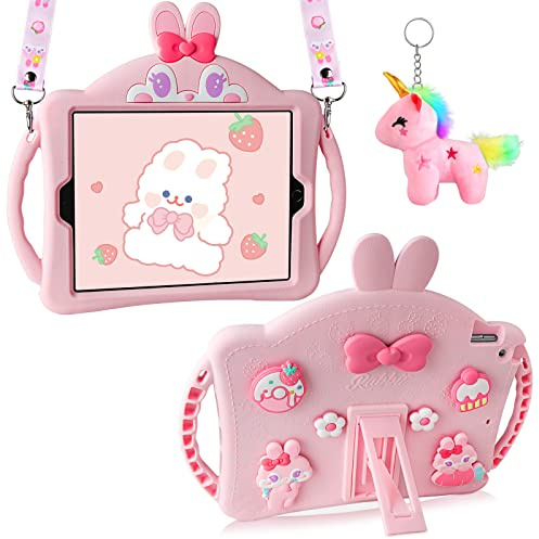 Aolcev for iPad 9th/8th/7th Generation Case 10.2 inch for Girls Kids Heavy Duty Shockproof Silicone Case with Kickstand Lanyard Keychain Tablet Protective Cover for iPad 10.2'' 2021/2020/2019-Pink
