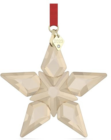 Swarovski Annual Edition Festive Ornament 2023, Weihnachtliches Stern-Ornament aus Goldfarbenem Kristall und einem Roten Ripsband