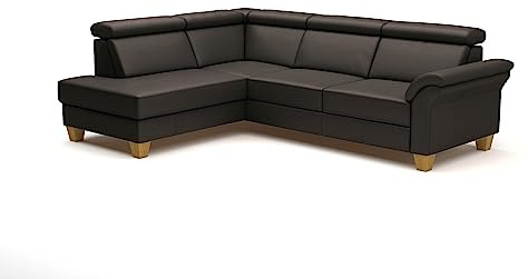 CAVADORE Leder-Eckcouch Ammerland mit Ottomane / Landhaus-Sofa mit Federkern + Kopfteilverstellung / 245 x 84 x 194 / Leder Dunkelbraun
