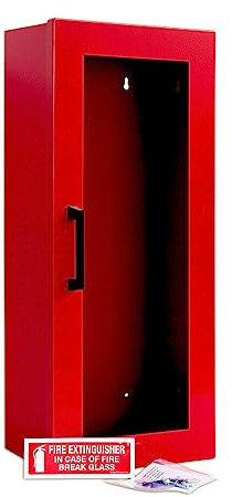 Fire Extinguisher Mount - Red Cabinet with Door - 22 Gauge Steel, Powdercoat Finish, Metal Handle, Universal Wall Mountability - 5-10 lb. Capacity - Made in USA - Extinguisher Not Included