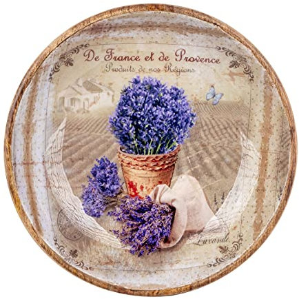 ROCKING GIFTS Plato Cuenco Grande Redondo de Madera Cubierto de Cerámica Flores Lavanda Provenza Francesa, Bol Fuente para Ensalada, Ensaladera Decoración Rústica, 30 cm