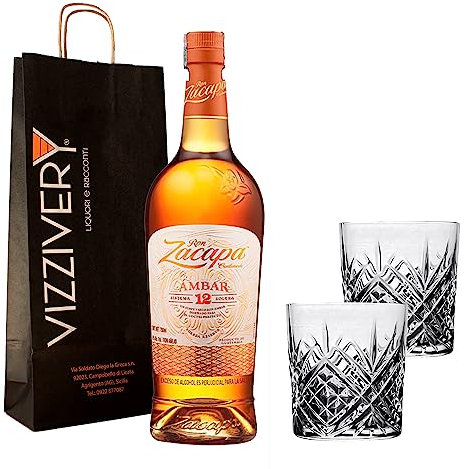 Ron Zacapa Centenario ÁMBAR 12 Sistema Solera Reserva 40% Vol. 1l - Rum Ron Zacapa con Confezione Regalo Vizzivery (Bottiglia 1l e 2 Bicchieri)