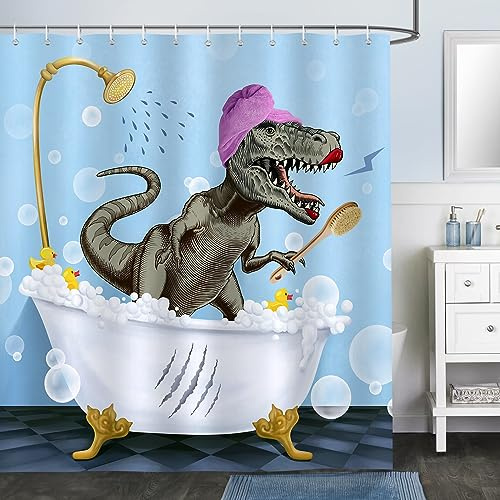 Bonhause Rolig dinosaurie duschdraperi dino bubblor i badkar badrumsdraperi 180 x 180 cm vattentätt mögel- och mögelbeständigt polyestertyg duschdraperi med 12 krokar