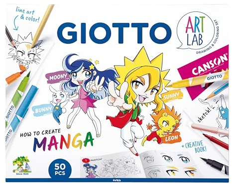GIOTTO Art Lab, Set Creativo How To Create Manga con Papel, Rotuladores Pincel, Rotuladores de Fibra Skin Tones y accesorios, 50 piezas