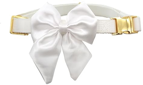 Croci ceremoni brud bröllop hundhalsband med avtagbar satinrosett, vit med gulddetalj, för små medelstora hundar S/28–44 cm