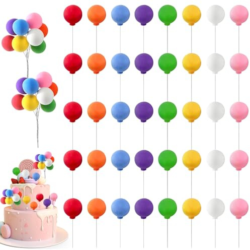 40 Pcs Mini Balls Cake Topper, Colorful Rainbow Cake Balls Decorations Picks, Round Balloon Cupcake Topper, for Wedding Anniversary Birthday Baby Shower
