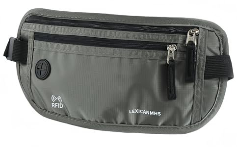 LEXICANMHS Reise Bauchtasche Diebstahlsicher, Flach unter Kleidung, Geldgürtel mit Kreditkartenfach RFID Schutz, Handy Bauchtasche für Smartphone, Money Belt für Damen Herren (Grau)