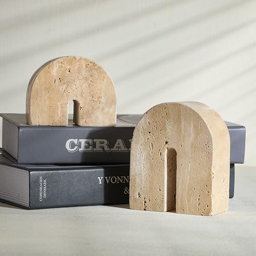 Newtay Marmor-Buchstützen für Regale, 12,7 cm und 7,6 cm, natürliche Travertin-Buchstützen, dekorative Stein-Buchstützen, robuster Marmor-Buchhalter für Bücherregal, Heimdekoration, 2 Stück