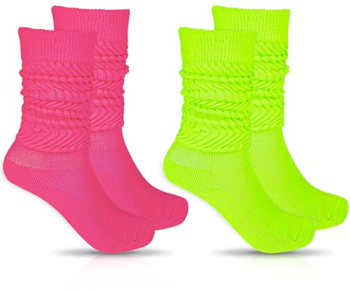 2 par långa slouch strumpor neonkläder damstrumpor 80-talet leggings tennisstrumpor neon fritidsstrumpor extra långa staplade strumpor höga ankelstrumpor storlekar 9–11, Grön, rosenröd, one size