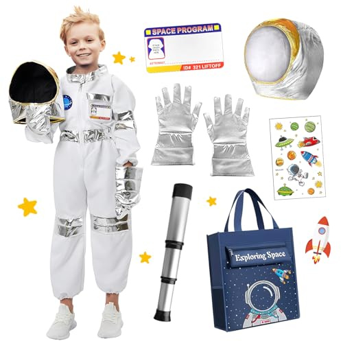 TOLOYE Déguisement Astronaute Enfant, Costume Astronaute avec Astronaute Casque Astronaute Sac à Dos Gants, Cadeau pour les Enfants, Déguisement Cosmonaute pour Anniversaire Cosplay Carnaval (S)