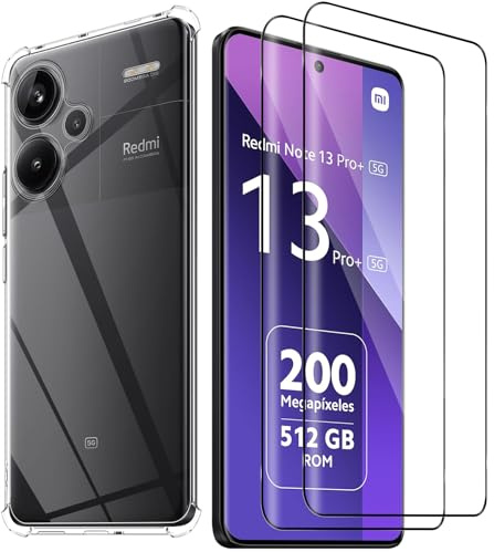 Haofun Protector de Pantalla para Xiaomi Redmi Note 13 Pro Plus 5G, 2 Piezas Cristal Templado y 1 Funda, Dureza 9H Vidrio Templado Ultra Clara, Carcasa Anti-Amarillo Fundas Antichoques Case Slim