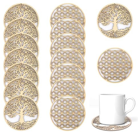 KLEHOPE Posavasos Redonda Ø 10 cm - 16 Piezas Con Borde Engrosado, Anti-Quemaduras y Aislamiento Térmico, Madera Para Decoración Hogar, Restaurante