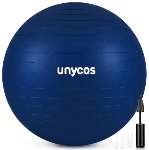 unycos - Gymnastikball 75 cm Sitzball Trainingsball für Yoga, Fitness, Medizinball, Balance Ball, Core Training Strength, Pilates-Ball | Inkl. Pumpe, BPA-Frei, Anti-Burst (Dunkelblau mit Logo)