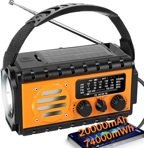QAUYYW Radio de emergencia de 74000 mWh con clima NOAA, radio de supervivencia portátil SW/AM/FM con batería solar recargable de carga rápida, linterna, lámpara de lectura, sirena SOS para el hogar y