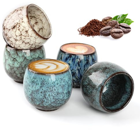 Waniyu Espresso Cups Set of 5, Ceramic Coffee Cups 100ml Set, Thick Walled Espresso Coffee Mugs for Espresso, Cappuccino, Mocha, Macchiato, Tea, Gift for Women Men