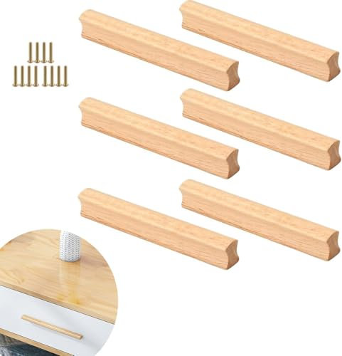 ACTIUSIS 6 tiradores de madera para muebles, tiradores de madera para armarios con tornillos, distancia entre orificios de 160 mm, para armarios, baños, oficinas y cocinas