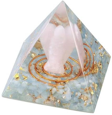 Nupuyai Edelstein Pyramide mit Rosenquarz Schutzengel Reiki Kristall Deko | 5 cm Aquamarin Kristall Pyramide Heilstein, Schutzenergie, Heilungsengel Pyramide Deko für Meditation Büro Zuhause