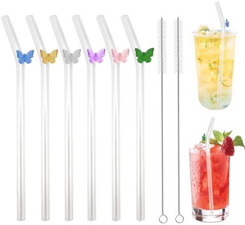 6 Pezzi Cannucce In Vetro Riutilizzabili, cannuccia vetro con 2 Spazzole, Lunghezza 20 cm, Cannucce Vetro con Fiocco Colorate Cannucce Bubble Tea per Cocktail, Bevande Calde, Succhi di Frutta
