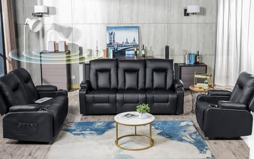 COMHOMA Living Room Furniture Set,Bonded Leather Sofa with Massage,Cup Holder Recliner Chair,3+2+1,Black