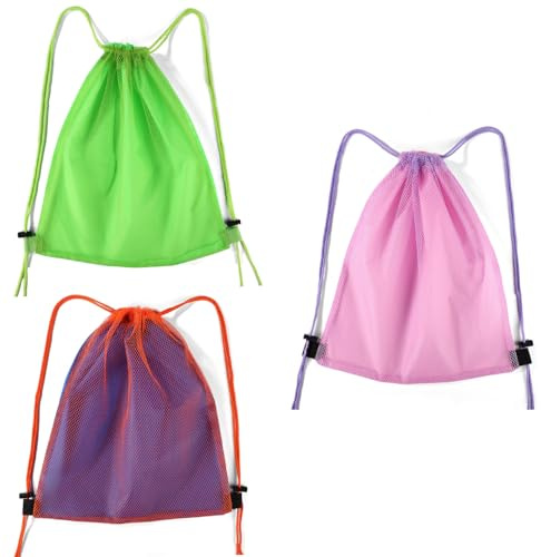 Lyreh 3uds Bolsa para Juguetes de Playa, Bolsas Malla con Cordón Mochila Guardar Juguetes Arena y Recolectar Conchas Marinas Esenciales para Vacaciones en Playa Infantiles (Rosa, Verde, Naranja)