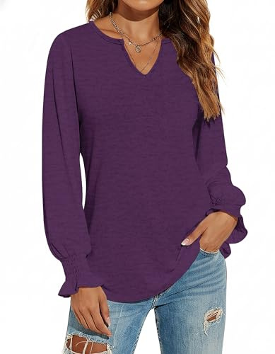DUOEASE Camiseta Manga Larga Mujer Cuello V Holgado Top Cuello V Blusas de Mujer Elegantes