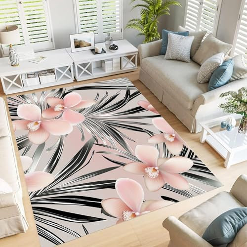 JEDTAKCT Hoja De Palma Metálica Alfombra Salón 200X300Cm Grande Alfombras Orquídea Vintage Lavable De Dormitorio De Pelo Corto para Habitación Comedor Antideslizante Rubor En Polvo