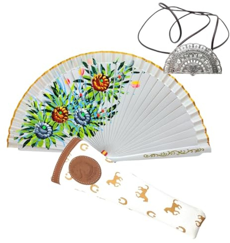 Planta Color Abanico Plegable de Madera con Flores Pintadadas a Mano con Funda y Cuelga Abanicos. Funda de Lona con Crermallera y Cuelga Abanico Metálico (Jardín Cítrico)