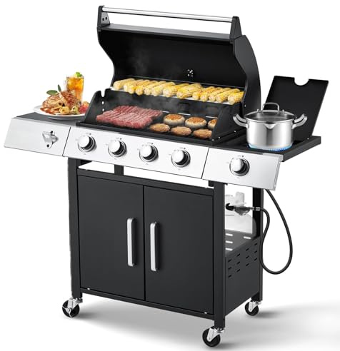 MELLCOM Upgraded 44,000 BTU Stainless Steel Burner Barbecue Grill, 4 Burner BBQ Propane Gas Grill with Side Stove & Cast Iron Grates for Patio, Camping, Outdoor Cooking