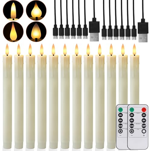 wiipara 12 Wiederaufladbare LED Stabkerzen mit Timerfunktion, Elfenbein | Mit 4 wechselbaren Flammenköpfen, USB-Kabel, LED Kerzen Flackernde Flamme für Zimmer, Halloween, Weihnachtsdeko (2 x 25 cm)