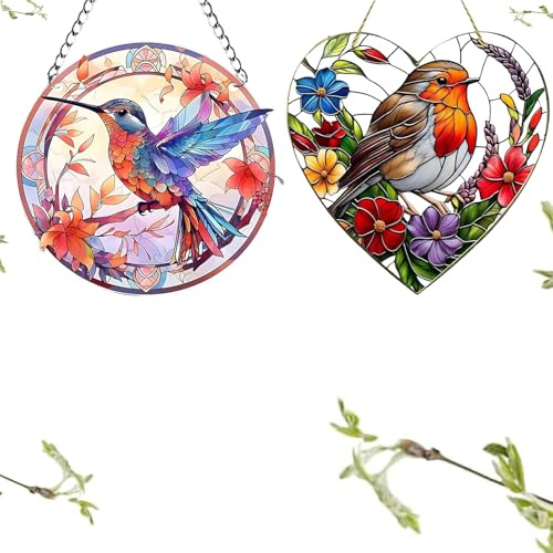Sun Catchers for Windows, 2 Pack Stained Glass Suncatcher, Decorative Garden Bird Ornaments, Colorful Hanging Window Decor for Home and Gift, Christmas Mother's Day, Valentine's Day,Women's Gifts