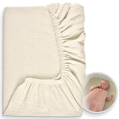 KUNU Beistellbett Spannbettlaken aus Bio-Musselin - 100% Baumwolle – Weiche Premium-Qualität, passgenau für KUNU Beistellbett, universell passend, Bettlaken & Matratzenschoner – Geschenk zur Geburt